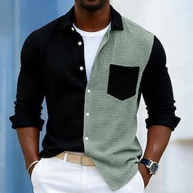 Men's Shirt Waffle Shirt Casual Shirt Button Up Shirt Blue Brown Green Long Sleeve Plain Lapel Casual Daily Color Block Clothing Apparel Fashion Modern Casual