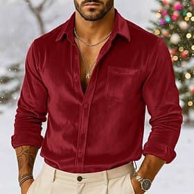 Men's Shirt Casual Shirt Christmas Shirt Velvet Shirt Wine Royal Blue Brown Green Long Sleeve Solid Color Plain Shirt Collar Carnival Christmas Pocket Clothing