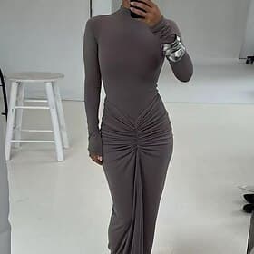 Per donna Abito Lungo Maxi Abito Tubino Elegante Moda Moderno Quotidiano Ufficio Ferie Vestibilità regolare Semplice Manica Lunga Collo Alto Collo alla coreana