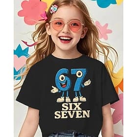 Cotton Kids Girls' Black Graphic Funny Slang 67 T shirt Tee Crew Neck Short Sleeve Vacation Sports  Outdoor Dailywear Streetwear Casual Printing Summer