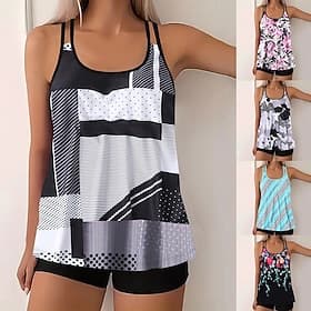 Women's Swimwear 2 Piece Shorts Swimsuit Backless Vacation Beach Wear Floral U Neck Sleeveless Bathing Suits