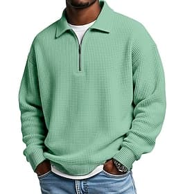 Men's Waffle Polo Shirts Textured Casual Outdoor Quarter Zip Long Sleeve Fashion Modern Solid Color Textured Knitted Spring   Fall All Seasons Loose Fit Black