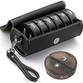 Wöchentlicher Pillenorganizer für 2-mal täglich mit PU-Lederetui, 7-Tage-Pillenbox zur Reisemedikamentenaufbewahrung – tragbarer AM/PM-Pillenspender für Handta