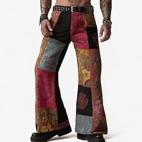 Men's Geometric Color Block Patchwork Trousers Disco Pants 60s 70s Bell Bottoms Mid Waist Vintage Retro Outdoor Party Casual Side Pockets Flared Leg Pants Trou