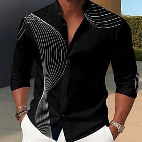 Men's Geometric Waves Shirt Stand Collar Shirt Long Sleeve Fashion Casual Dailywear Holiday Spring Fall Mandarin Collar Band Collar 3D Print Button Up Shirts B