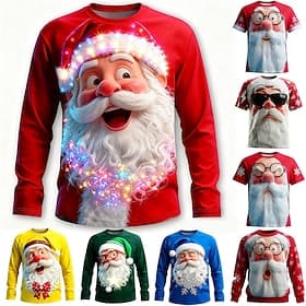 Christmas Men's Santa Claus Funny T Shirt Long Sleeve T shirt 3D Print Crew Neck Shirt Fashion Basic 3D Casual Daily Street Blue Yellow Red Summer Spring Cloth