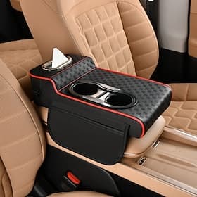 Organisateur de console centrale 5 en 1 pour voiture avec support de coude amélioré - revêtement d'accoudoir en similicuir, porte-gobelet poches de rangement,