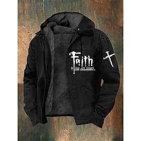 Men's Full Zip Hoodie Fleece Jacket Fleece Hoodie Black Army Green Hooded Cross Faith Pocket Print Casual Daily Sports Polyester Streetwear Retro Casual Fall