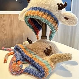 Women's Fleece-Lined Crochet Winter Hat with Reindeer Antlers  Ears, Soft Warm Ski Cap, Colorful Multicolor Reindeer Hat, Soft Fleece-Lined Crochet Beanie for