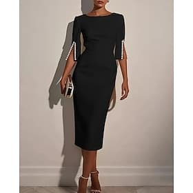 Women's Midi Dress Black Dress Sheath Dress Elegant Fashion Modern Daily Office Holiday Regular Fit Plain 3/4 Length Sleeve Crew Neck Boat Neck Black White Pin