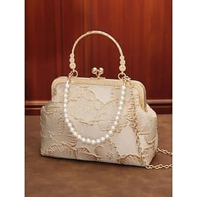 Women's Elegant Pearl Handle Clutch Bag - Floral Embroidered Design with Gold Trim, Multi-Colored Options, Perfect for Weddings, Parties and Formal Occasions
