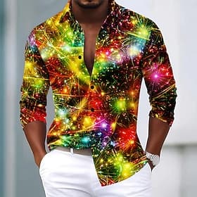 Christmas Men's Sparkling Glitter Christmas Light Shirt Satin Shirt Dress Shirt Long Sleeve Fashion Casual Party Holiday Summer Spring Fall Turndown 3D Print B