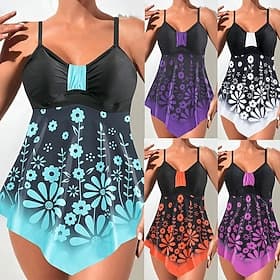 Women's Swimwear 2 Piece Cheeky Swimsuit Backless Vacation Vintage Floral Graphic V Neck Sleeveless Bathing Suits