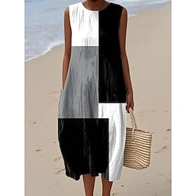Women's Midi Dress Linen Like Sundress Shift Dress A Line Dress Vacation Casual Boho Going out Beach Loose Fit Graphic Geometric Sleeveless Crewneck Gray Green