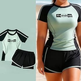 Women's 2 Piece Rash Guard Swim Shirt Swimwear Swimwear Green UV Protection Tummy Control Surfing Canoeing Snorkeling Summer