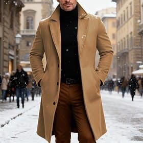 Men's Winter Coat Overcoat Long Trench Coat Trench Coat Outdoor Casual Fall Winter Polyester Thermal Warm Outerwear Clothing Apparel Classic Plain Pocket Notch