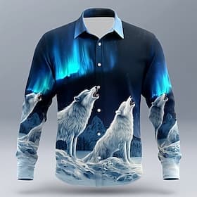 Homme Animal Loup Aurore Chemise Chemise Boutonnée manche longue Vintage Rétro Occasionnel Extérieur Chasse Printemps Automne Col Rabattu Impression 3D chemise