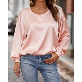 Women's Shirt Elegant Dressy Satin Top Patchwork Plain Elegant Stylish Casual Long Sleeve Crew Neck Regular Tops Daily Holiday Going out Maroon Pink Wine Sky B