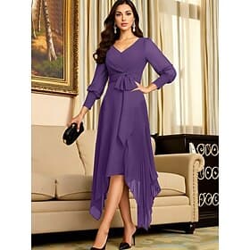 A-Line Asymmetrical Tea Length Party Dress Cocktail Dress Wedding Guest Dress Mother of the Bride Dress Long Sleeve V Neck Elegant Minimalist Formal Wedding Gu