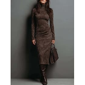 Women's Midi Dress Sheath Dress Vacation Casual Boho Daily Date Slim Plain Long Sleeve Turtleneck Dark Brown Light Brown Gray Fall Winter