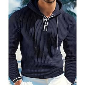 Men's T Shirt Henley Shirt Long Sleeve Shirt Long Sleeve Hooded Fall Winter Plain Fashion Streetwear Leisure Buttons Vacation Sports  Outdoor Daily Blue Top Te