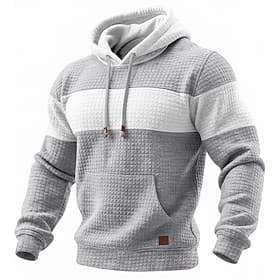 Men's Hoodie Waffle Hoodies Pullover Black Army Green Navy Blue Khaki Light Grey Hooded Plain Patchwork Color Block Kangaroo Pocket Casual Daily Sports  Outdoo