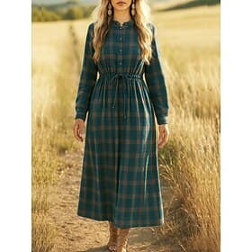 Women's Midi Dress A Line Dress Casual Daily Regular Fit Plaid 3/4 Length Sleeve Crew Neck Blue Red Brown Spring Fall Winter