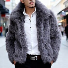 Men's Winter Jacket Faux Fur Coat Vacation Daily Thermal Warm Fleece Winter Plain Fashion Streetwear Lapel Regular Gray Jacket