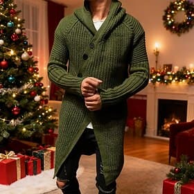 Men's Cardigan Sweater Ribbed Knit Tunic Knitted Plain Hoodie Warm Ups Modern Contemporary Daily Wear Going out Clothing Apparel Winter Military Green M L XL