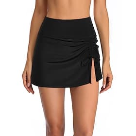 Women's Stretchy Boxer Shorts Swimsuit Ruched with Skirt Stretchy Boxer Shorts Skirt High Waist Vacation Beach Wear Solid Color Sleeveless Bathing Suits