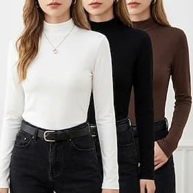 Women's 3PCS Blouse Solid Color Stylish Casual Long Sleeve Turtleneck Regular Tops Daily White Spring Fall Winter