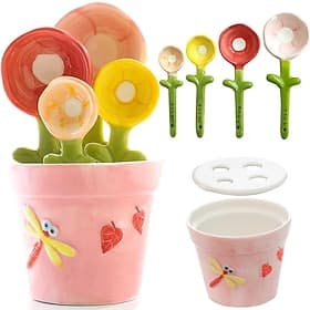 Floral Measuring Spoon Set - Unique Baking Gift - Cute Ceramic Measuring Cup and Spoon with Holder - Suitable for Dry and Wet Ingredients - Dishwasher Safe