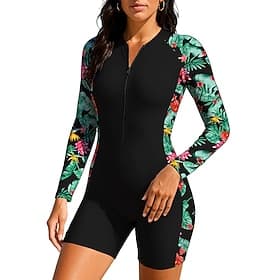 Damen Rash Guard Tauchanzug Anti UV Shirt Badeanzug Blumenmuster Tropisch Reißverschluss Herausnehmbare Polsterung Frontreißverschluss UV-Sonnenschutz UPF50 Ul