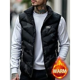 Men's Puffer Vest Vest Gilet Vacation Daily Date Fashion Casual Fall  Winter Pocket Polyester Warm Comfortable Camouflage Zipper Stand Collar Regular Fit Black