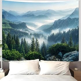 Nature Forest Mountain Tapestry Green Misty Pine Tree Tapestry for Bedroom Aesthetic Foggy Woodlands Sky Landscape Tapestries Wall Hanging for Living Room Dorm