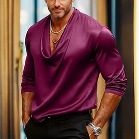 Herren Hemd Seidenartig Satinhemd Freizeithemd Einfach Formell Hochzeit Weiß Marineblau Gold Dunkelviolett Langarm Wasserfallausschnitt Frühling  Herbst Ganzja