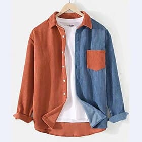 Herren Hemd Freizeithemd Cordhemd Knopfhemd Blau Orange Langarm Farbblock Revers Täglich Outdoor Tasche Bekleidung Mode Modern Lässig