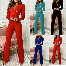 Per donna Normale Tuta Elegante Tinta unica Manica Lunga Colletto a Camicia Vita alta Feste Lavoro Vestibilità regolare Blu Nero Rosso Primavera