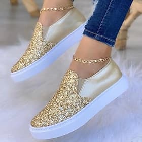 Women's Gold Glitter Slip-On Sneakers – Sparkly Casual Platform Shoes with Faux Leather Upper for Daily Wear, Parties, and Street Style