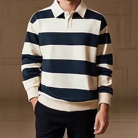 Men's Polo Shirts Rugby Polo Shirts Casual Street Lapel Long Sleeve Basic Modern Horizontal Stripes Buttons Spring Fall Regular Fit Coffee Navy Blue Green Polo