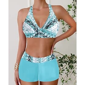 Women's Swimwear 2 Piece Shorts Swimsuit Backless Vacation Beach Wear Geometic V Neck Sleeveless Bathing Suits