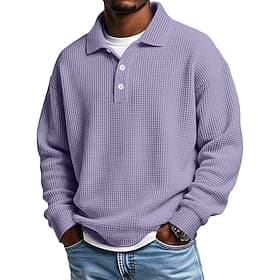 Herren Waffel-Poloshirts Textur Lässig Geschäft Gerippter Polokragen Langarm Mode Einfarbig Knöpfe Rein Herbst Frühling Herbst Lässiger Schnitt Schwarz Leicht