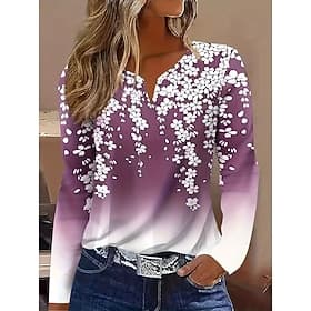 Women's T Shirt Print Ombre Floral Graphic Vintage Stylish Classic Long Sleeve V Neck Notched Neck Regular Tops Daily Weekend Pink Purple Spring Fall Winter