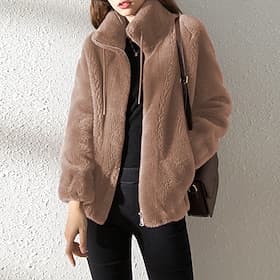 Women's Winter Coat Sherpa Jacket Casual Jacket Warm Comfortable Pocket Modern Casual Plain Vacation Street Daily Wear Going out Zipper Regular Stand Collar Re