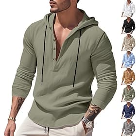 Men's Shirt Popover Shirt Summer Shirt Casual Shirt Beach Shirt Black White Yellow Navy Blue khaki Long Sleeve Solid Color Hooded Vacation Casual Drawstring Cl