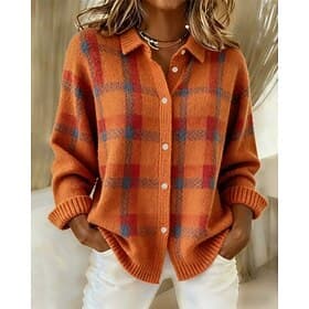 Women's Sweater Cardigan Elegant Fashion Streetwear Solid Color Plaid Shirt Collar Patchwork Buttons Knitted Long Sleeve Regular Tops Knit Daily Home Outdoor B