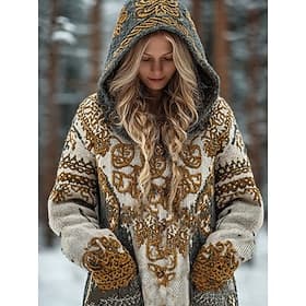 Viking Boho Women's Cardigan Vintage Daily Ethnic Style Geometric Color Gradient Ribbed Hooded Pocket Buttons Print Long Sleeve Long Tops Knit Outdoor Weekend