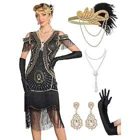 Set Roaring 20s 1920s Knee Length Dress Flapper Dress Outfits with Accessories Cold Shoulder Short Sleeves The Great Gatsby Charleston Sequins Tassel Fringe Fe