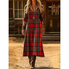 Damen Maxikleid T-Shirt-Kleid A Linie Kleid Urlaub Lässig Boho Ausgehen Normale Passform Grafik Geometrisch Karomuster Langarm V Ausschnitt Blau Rote Frühling