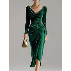 Christmas Women's Midi Dress Sheath Dress Elegant Party Cocktail Outdoor Party Wedding Guest Patchwork Slim Solid Color Long Sleeve Cowl Neck Fuchsia Brown Gre
